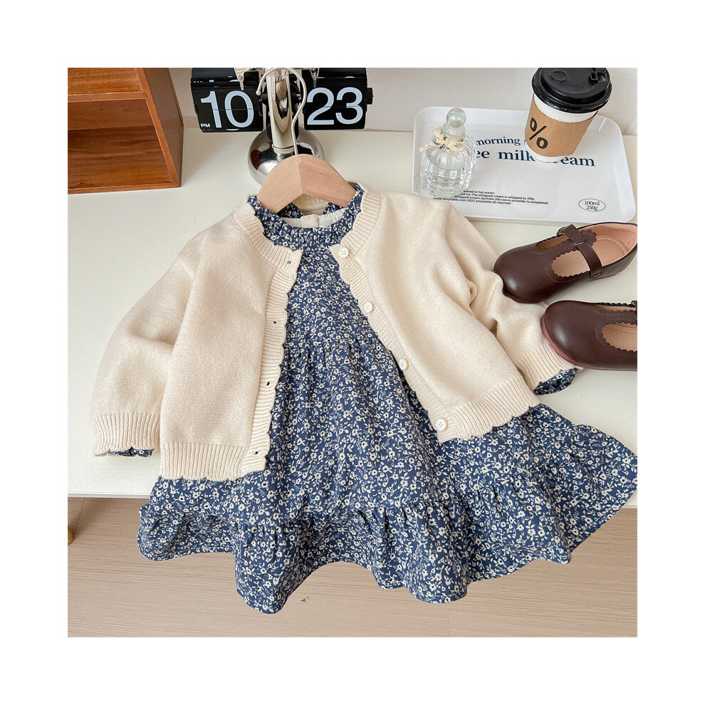 (Beige Set,Size 110)Ensemble élégant de robe à fleurs version coréenne pour fille avec cardigan doux pour 3 8 ans à