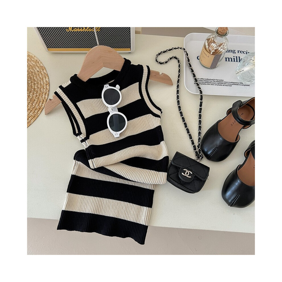(Black Striped Skirt,90)Ensemble robe été rayure arc-en-ciel fille coréenne tendance de 3 à 8 ans