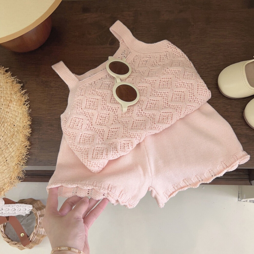 (Pink Set,90)Joli ensemble deux pièces tricotées été fille avec gilet creux confortable et culottes polyvalentes
