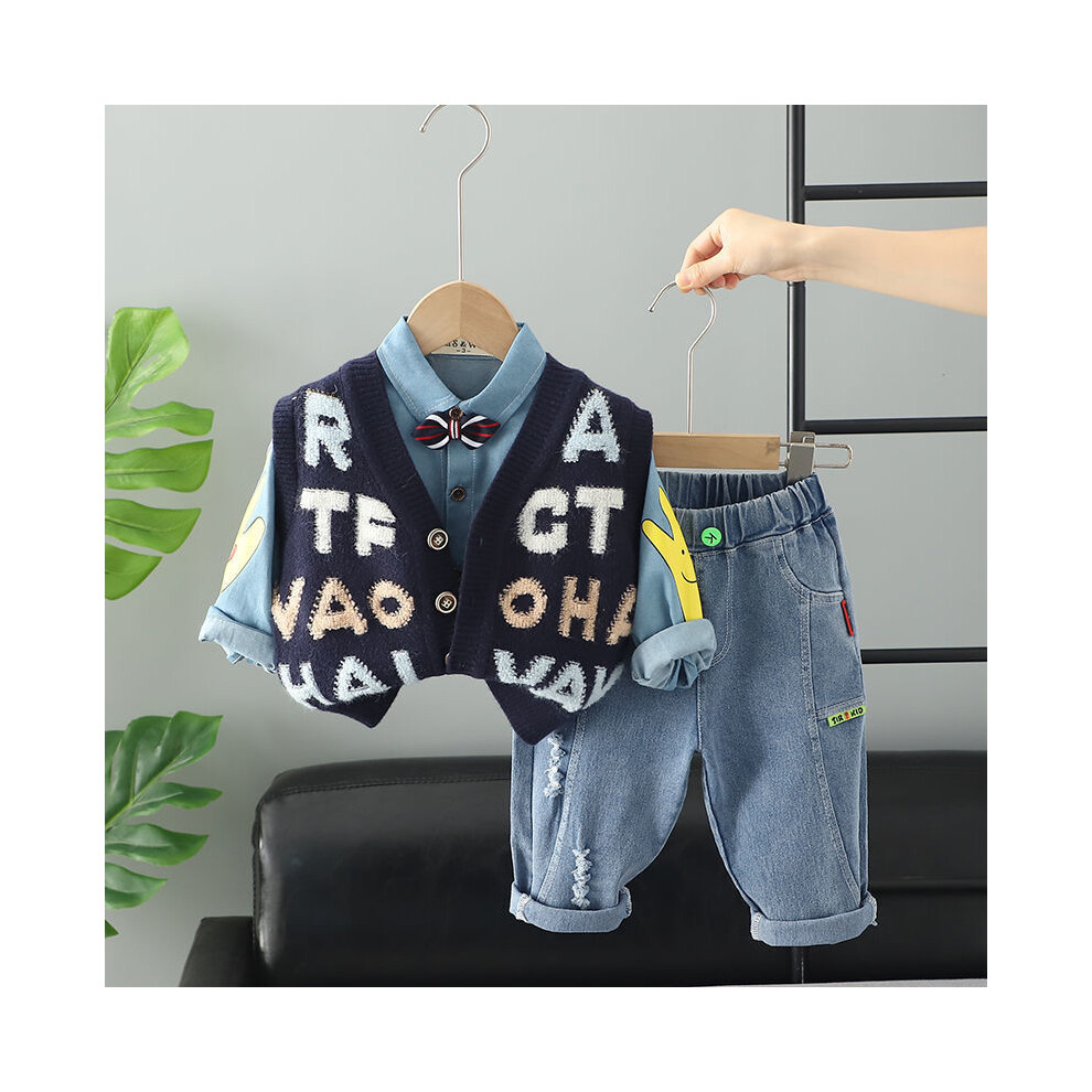 (Navy Sweater Set,110cm)Adorable ensemble superposition automne garçon mignon enfant trois pièces pull gilet tenue