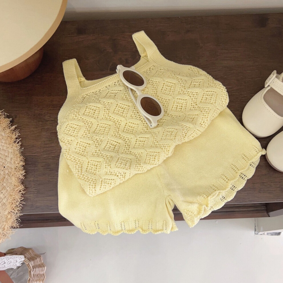 (Cream Yellow Set,80)Joli ensemble deux pièces tricotées été fille avec gilet creux confortable et culottes polyvalentes
