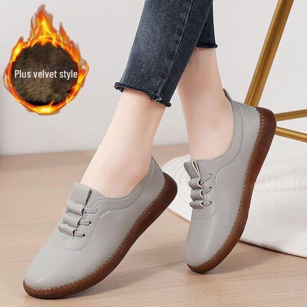 (grey, velvet, 41) Spring Slip-on Leather Flats For Mothers: All-match, Non-slip, Soft Sole, Comfortable Shoes For Middle-aged And Elderly Women