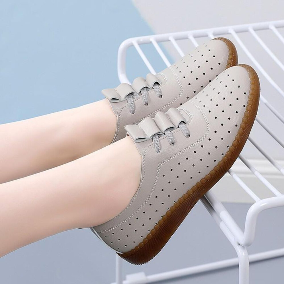 (gray, hollow, 35) Spring Slip-On Leather Flats for Mothers: All-Match, Non-Slip, Soft Sole, Comfortable Shoes for Middle-Aged and Elderly Women