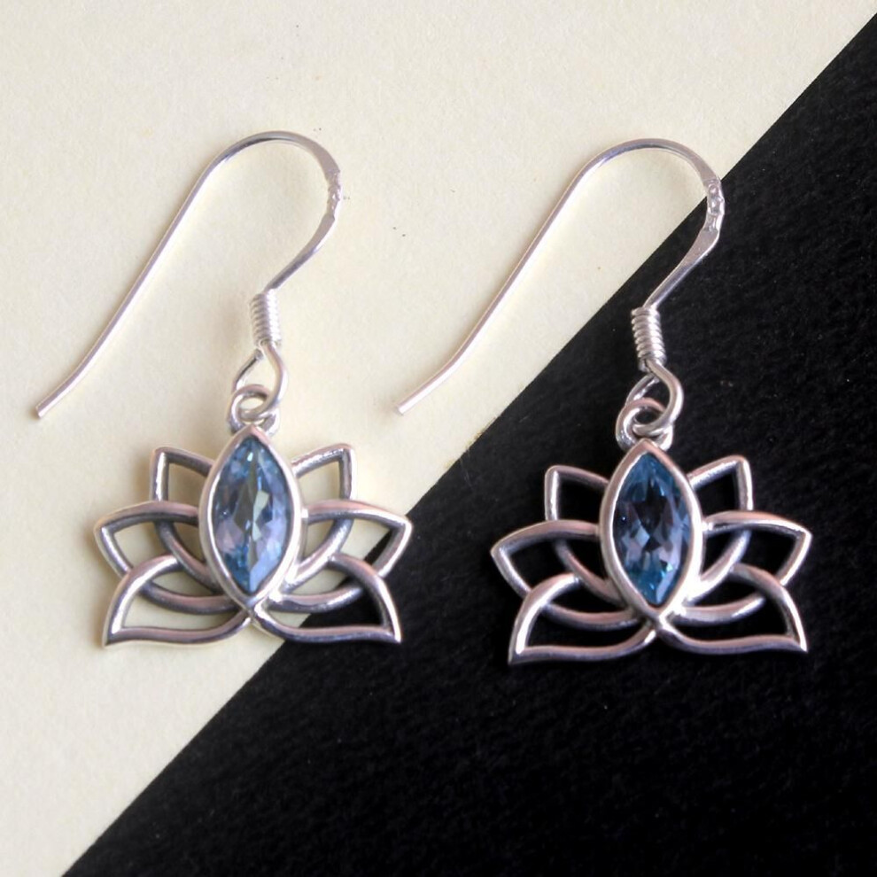 Natural Blue Topaz Gemstone Lotus Earring 925 Sterling Silver Handmade Women Jewelry