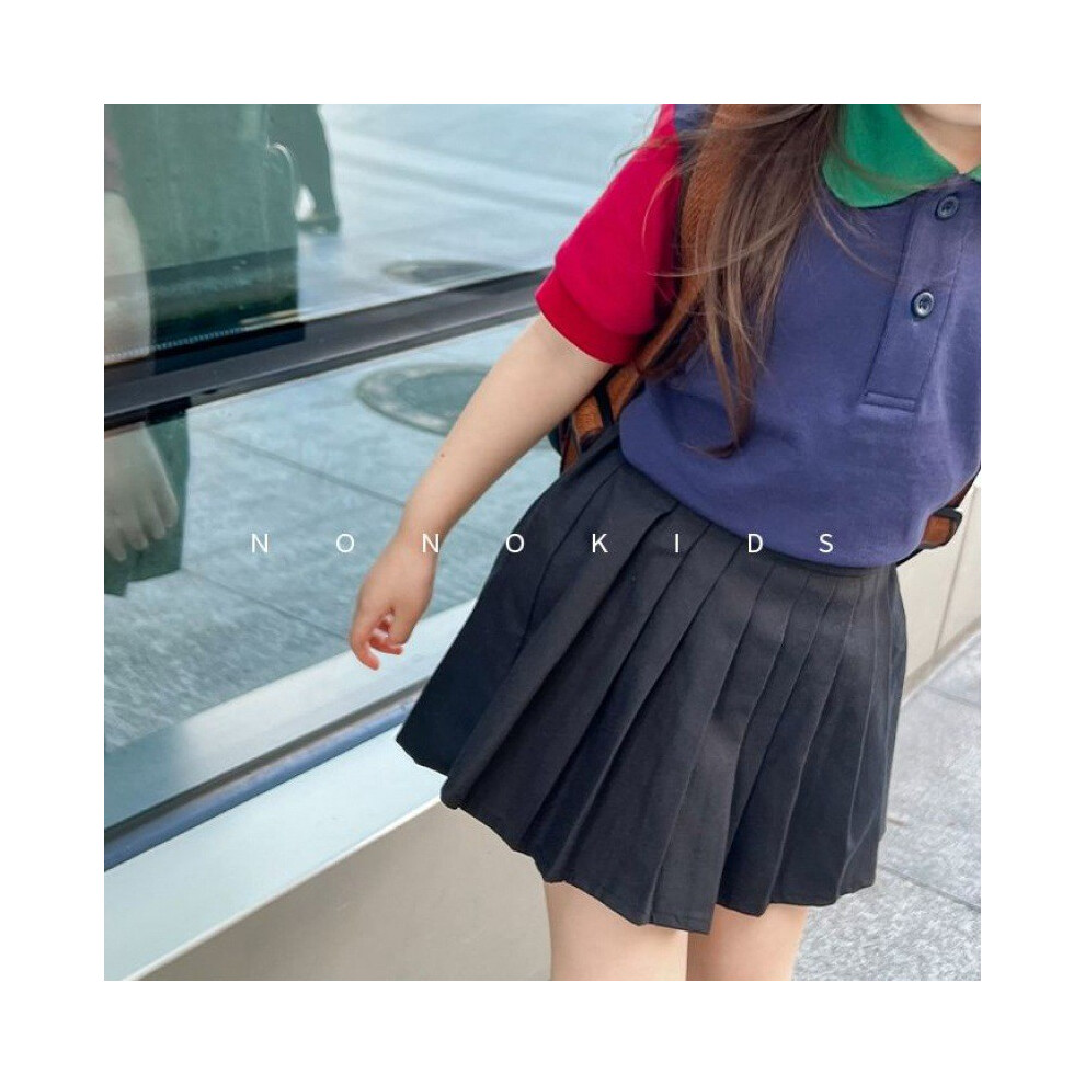 (Black Skirt,100cm)Ensemble vêtements d'été essentiels pour filles avec polo à manches courtes et jupe plissée à la mode