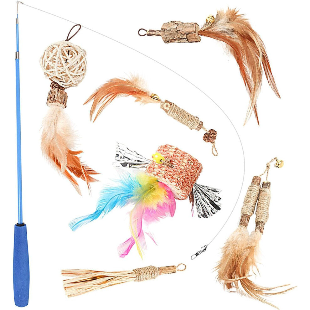 (blue) Cat Fishing Toy with Feathers, Interactive Cat Toy Set, Cat Teaser Wand Funny Interactive Chew Toys, Bite Resistant Chew Toy for Playing and Training