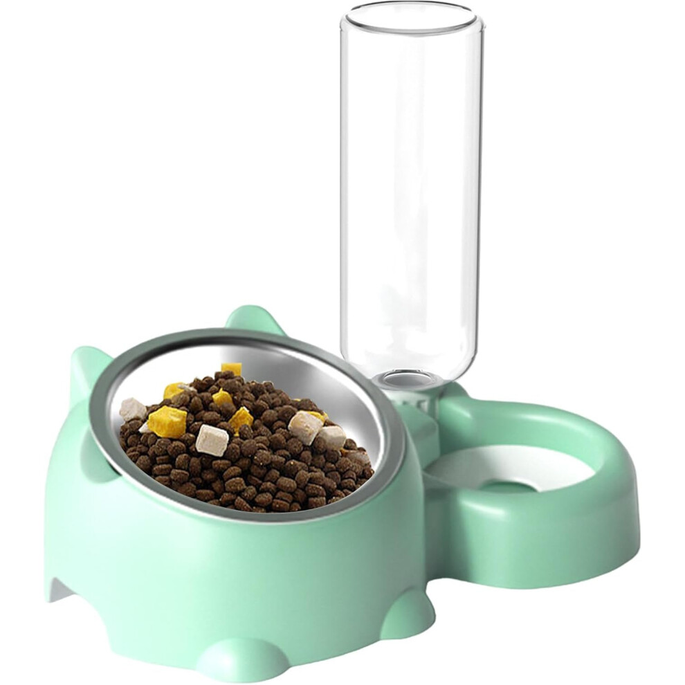 (Green) Cat Feeding Bowl with Automatic Water Bottle, 16 Degree Tilted Cat Food Bowl with Water Dispenser, Removable Feeding Bowl for Cats and Dogs, Non-Slip