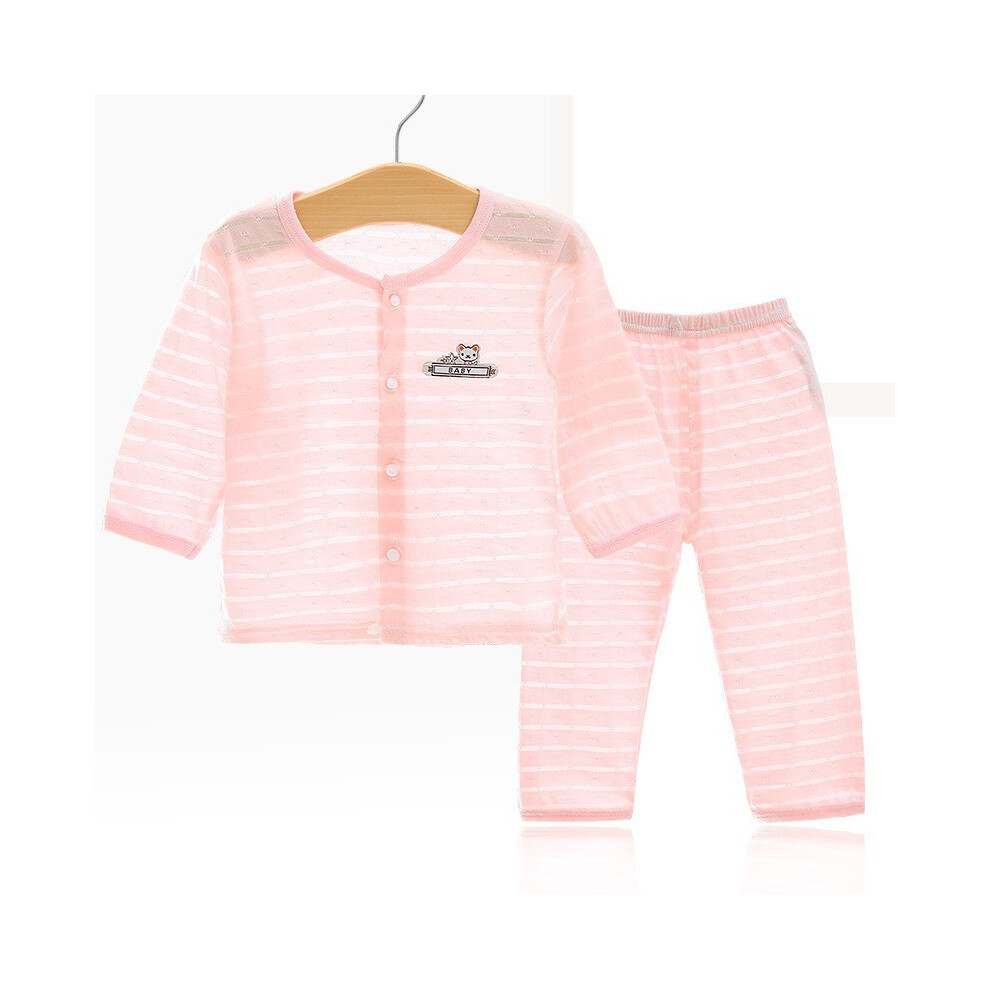 (Pink Long Pants Set,66)Ensemble pyjama climatisé été bébé manches longues polyvalent en tissu doux coton