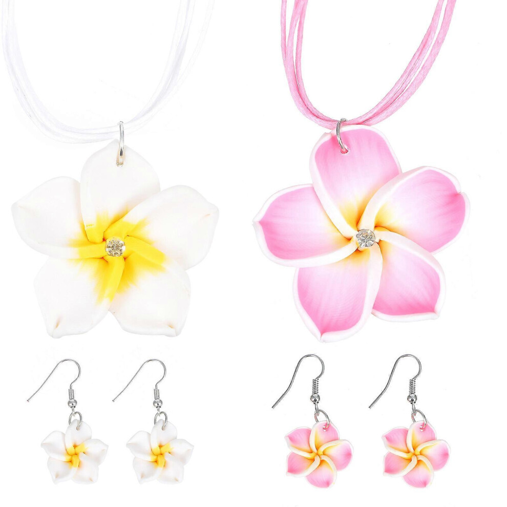 Kricely (4X2cm, Assorted Color 1) 2 Sets Hawaii Theme Jewelry Clay Plumeria Flower Pendant Necklace And Earrings