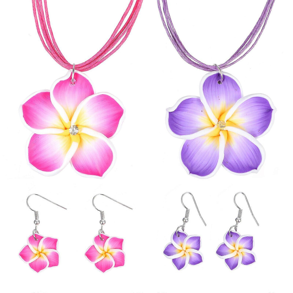 Kricely (4X4cm, Assorted Color 2) 2 Sets Hawaii Theme Jewelry Clay Plumeria Flower Pendant Necklace And Earrings