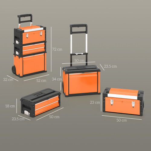 Homcom (Orange) HOMCOM 3-Tier Tool Box with Wheels, Stackable Steel Toolbox 2