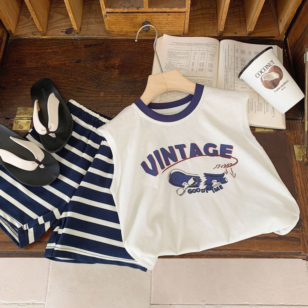 (Dark Blue Stripe,110cm)Ensemble mode été garçon polyvalent avec débardeur confortable en coton et short rayé élégant pour 38 ans