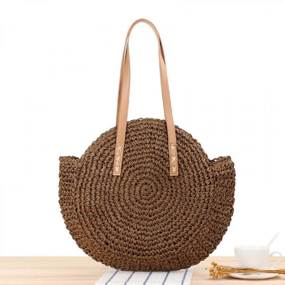 Sac de paille à épaule unique et ronde, sac de plage tissé, sac de femme, marron
