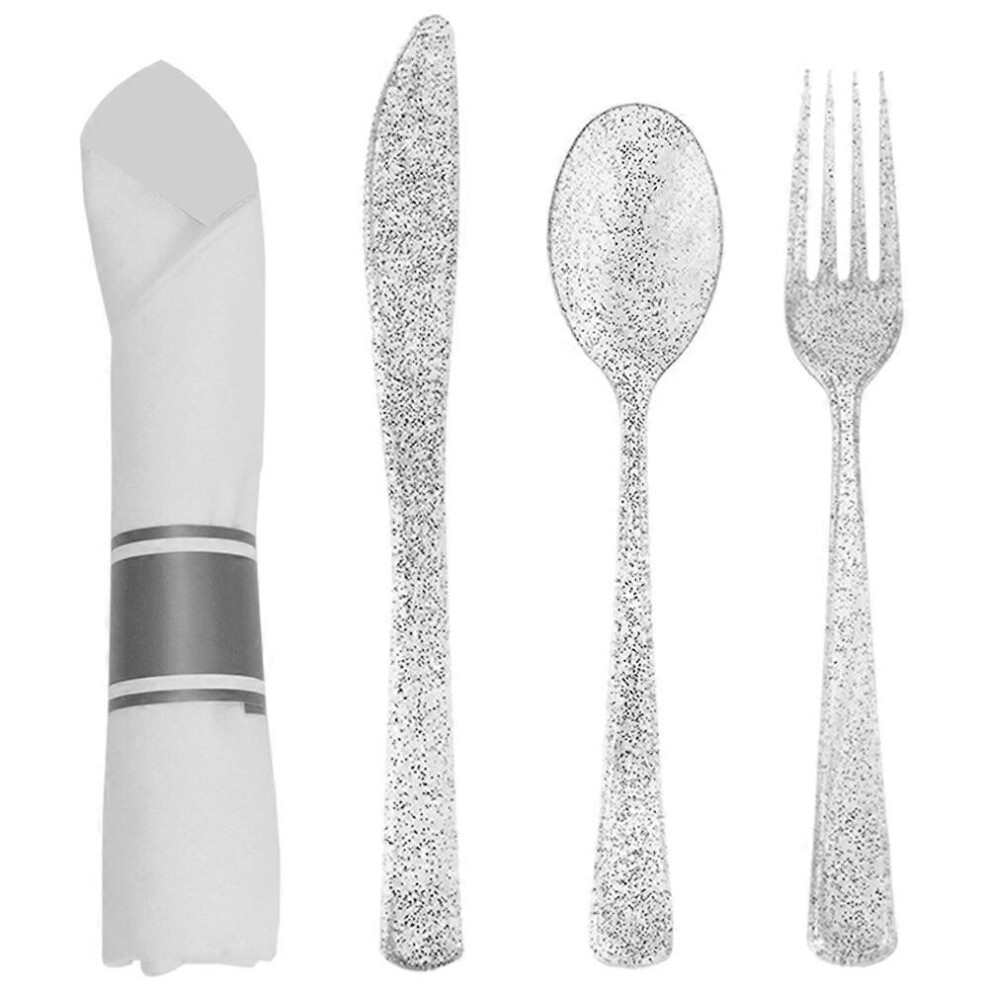 Kricely (As Show, One Size) 1 Set Of Party Cutlery Set Forks Spoon Napkin Flatware Serving Kit Plastic Tableware
