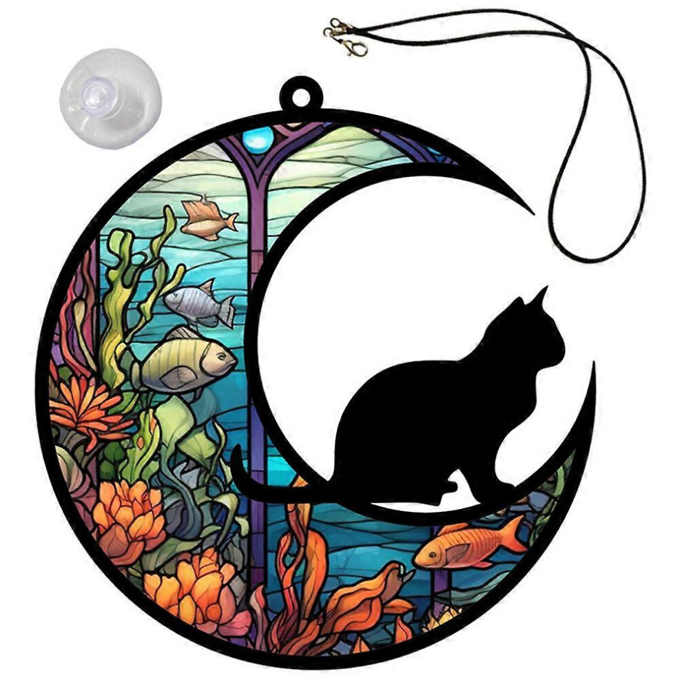 Kricely (As Show, One Size) Stained Moon Cat Hanging Ornament Acrylic Cat Window Hanging Holiday Porch Pendant Decor