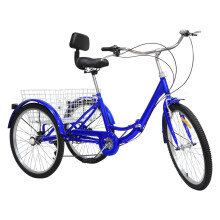 24" Tricycle,Adult Foldable Bicycle,7-Speed Bike W/ Shopping Basket(Blue)