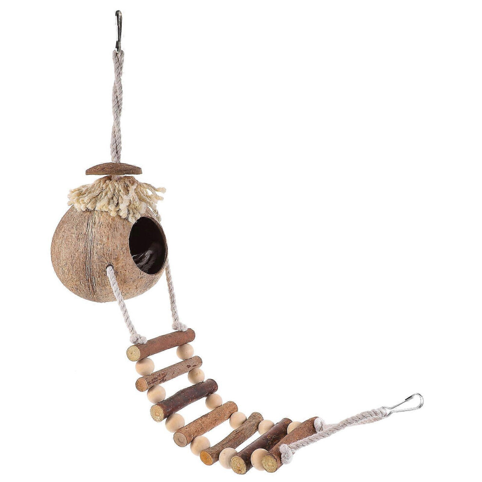Kricely (As Show, One Size) Bird Coconut Shell Nest With Ladder Parrot Hideout Cave Habitat Hamster House
