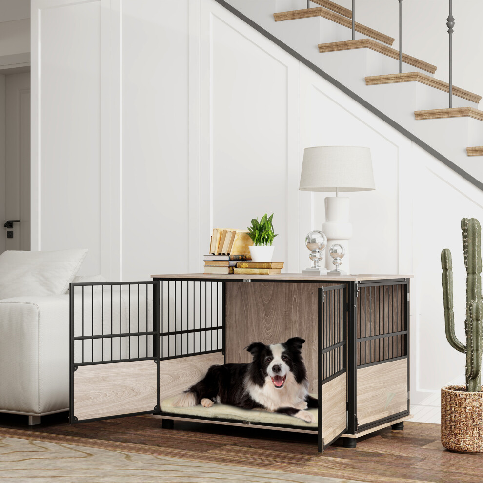 Pawhut 100Cm Dog Crate Furniture Dog Cage End Table Indoor W/ Doors, Cushion