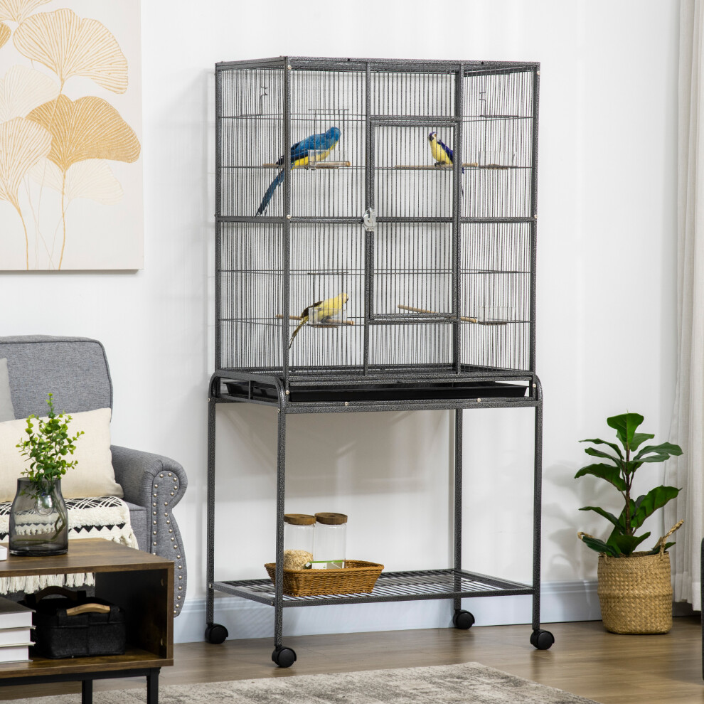 PawHut Rolling Bird Cage w/ Detachable stand Storage Shelf  Wood Perch Food Cup