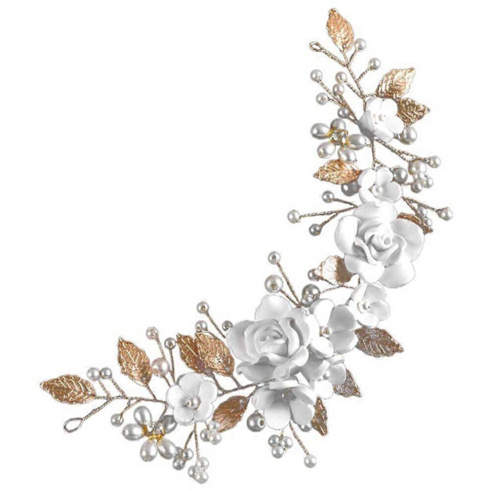 Kricely (Golden, One Size) Bridal Hair Vine Pearl Hair Vine Leaf Flower Hair Vine Wedding Headpiece For Women White