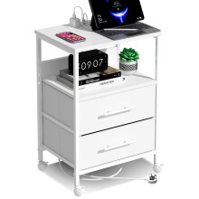 (White Two Drawers) Bedside Table With Charging Station Nightstand With 2 Outlets And 2 USB Ports With 4 Castors