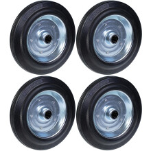 250mm 10" schwarze Gummiräder mit gepresster Stahlkernbohrung 25mm 210kg - Satz mit