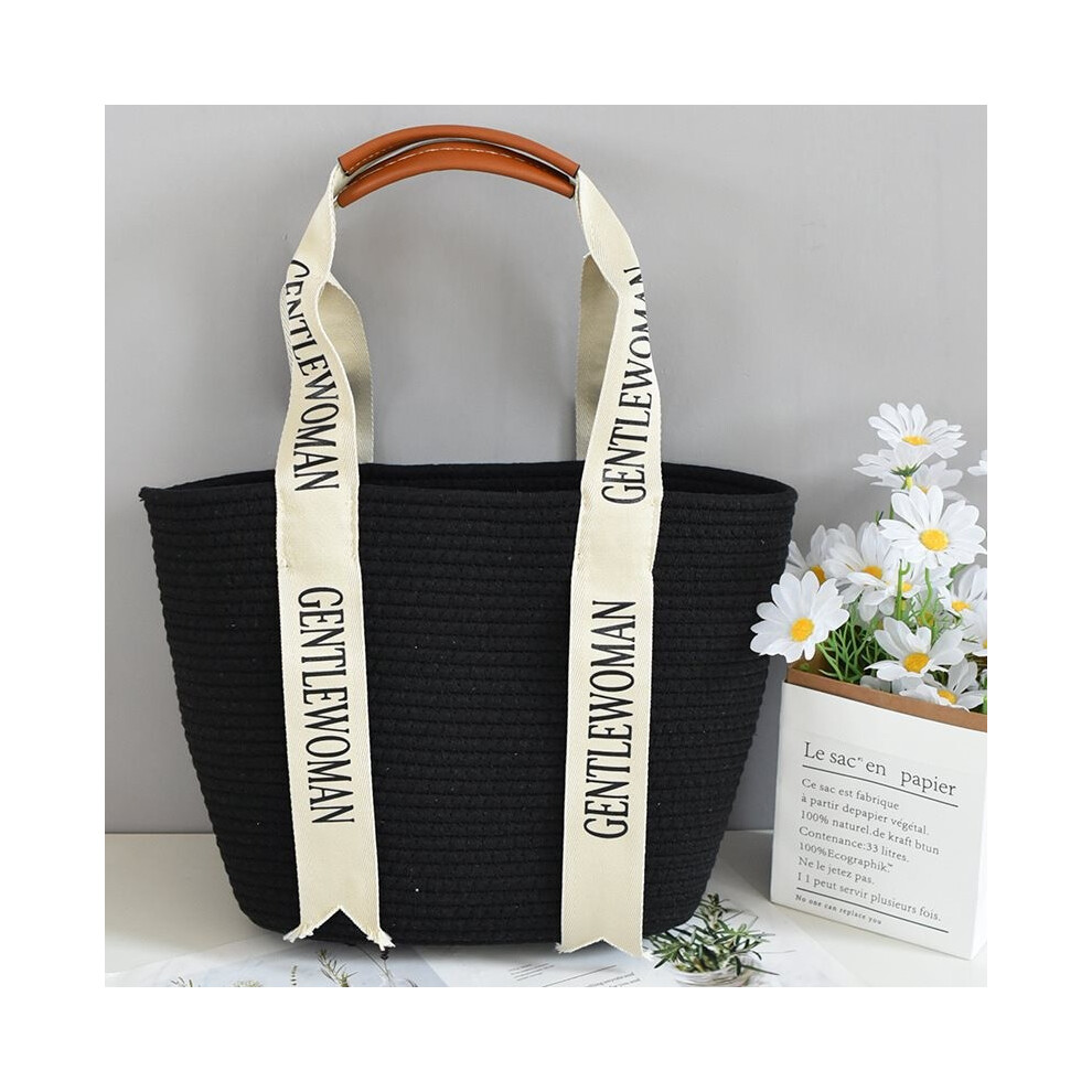 (Lady Black)Sac fourre-tout chic neuf tissé lettre spacieux décontracté en paille sac à main pour femmes