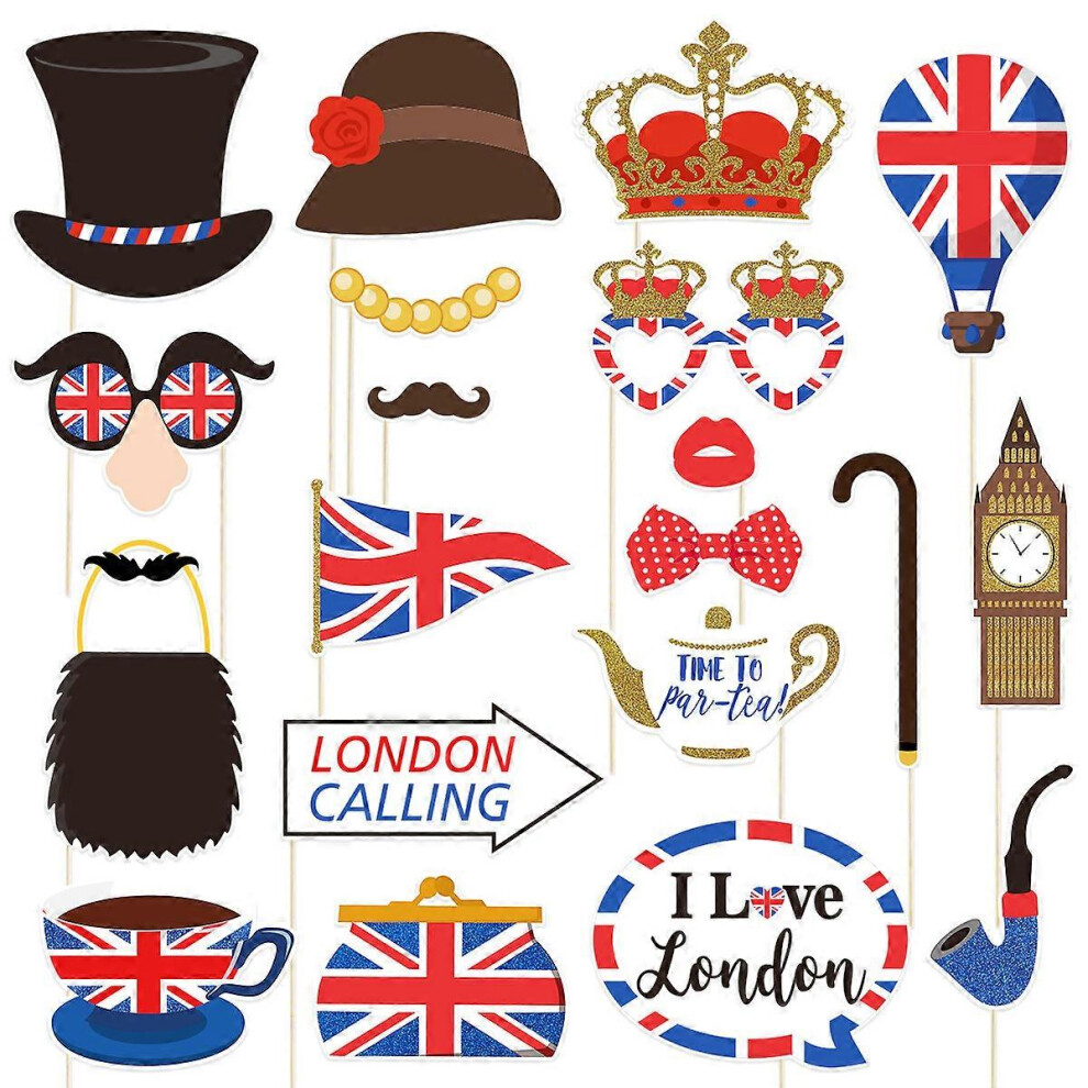 Kricely (As Show, One Size) Amosfun 20Pcs Uk Flag Photo Booth Props For British National Day Party Decorations