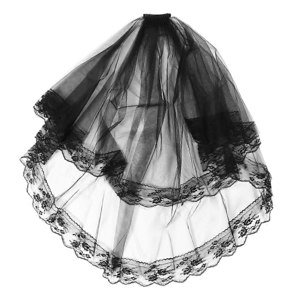 Kricely (As Show, One Size) Two-Layer Wedding Veil Floral Lace Trim Halloween Cosplay Veils With Comb Black