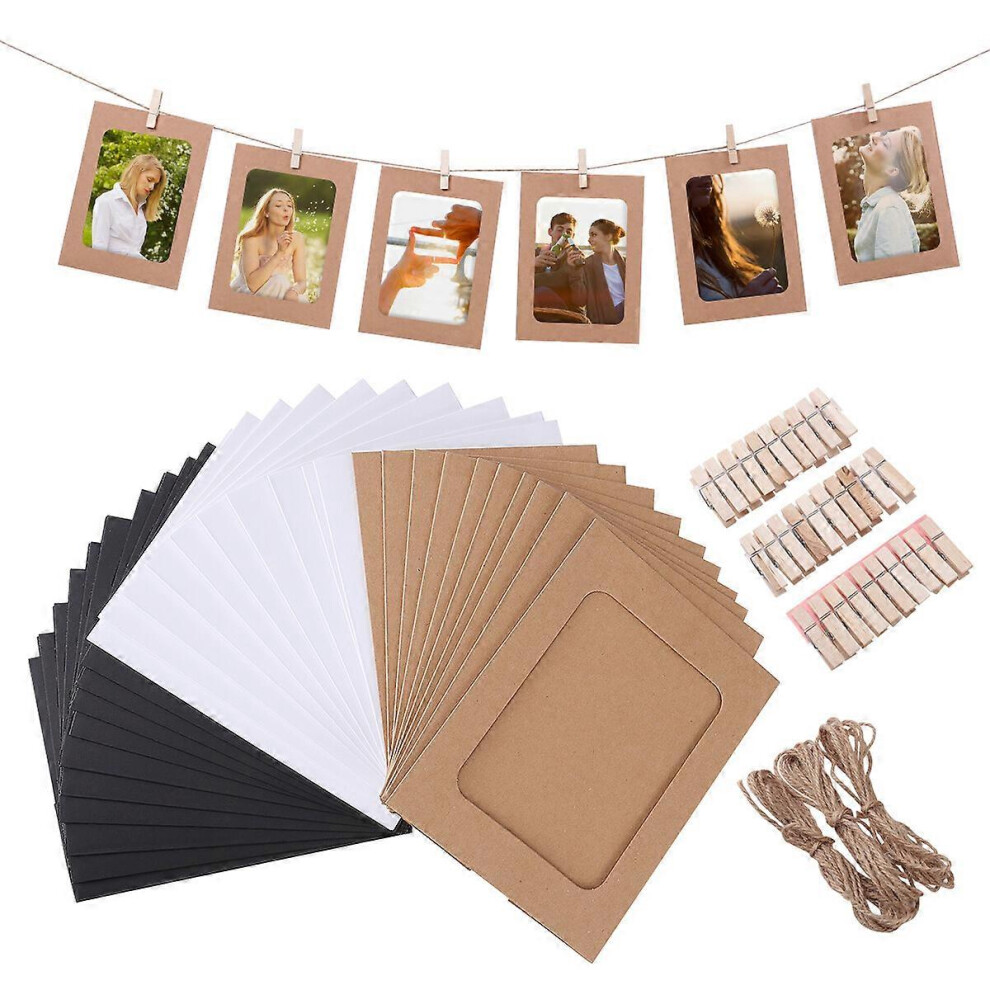 Kricely (As Show, One Size) Vorcool 30Pcs Diy Kraft Paper Photo Frames Hanging Wall Decoration With 30Pcs Clips And 3Pcs Hemp Ropes Set For 4.5X6in Pictures Light