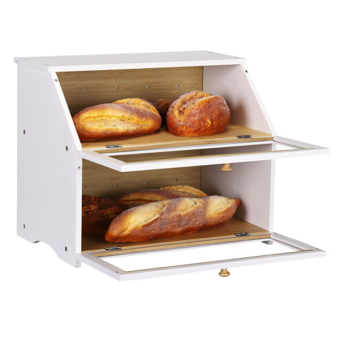 HOMEKOKO Double Layer Large Bread Box for Kitchen Counter  Wooden Large Capacity Bread Storage Bin (White) 2