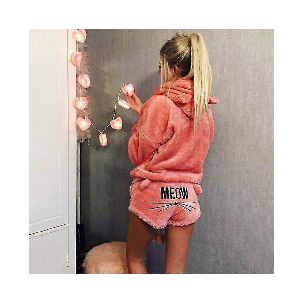 (2XL, Pink) Womens Winters Top Pants Set 2pcs Ladies Loungewear Fluffy Hooded Cat Outwear Plus Size