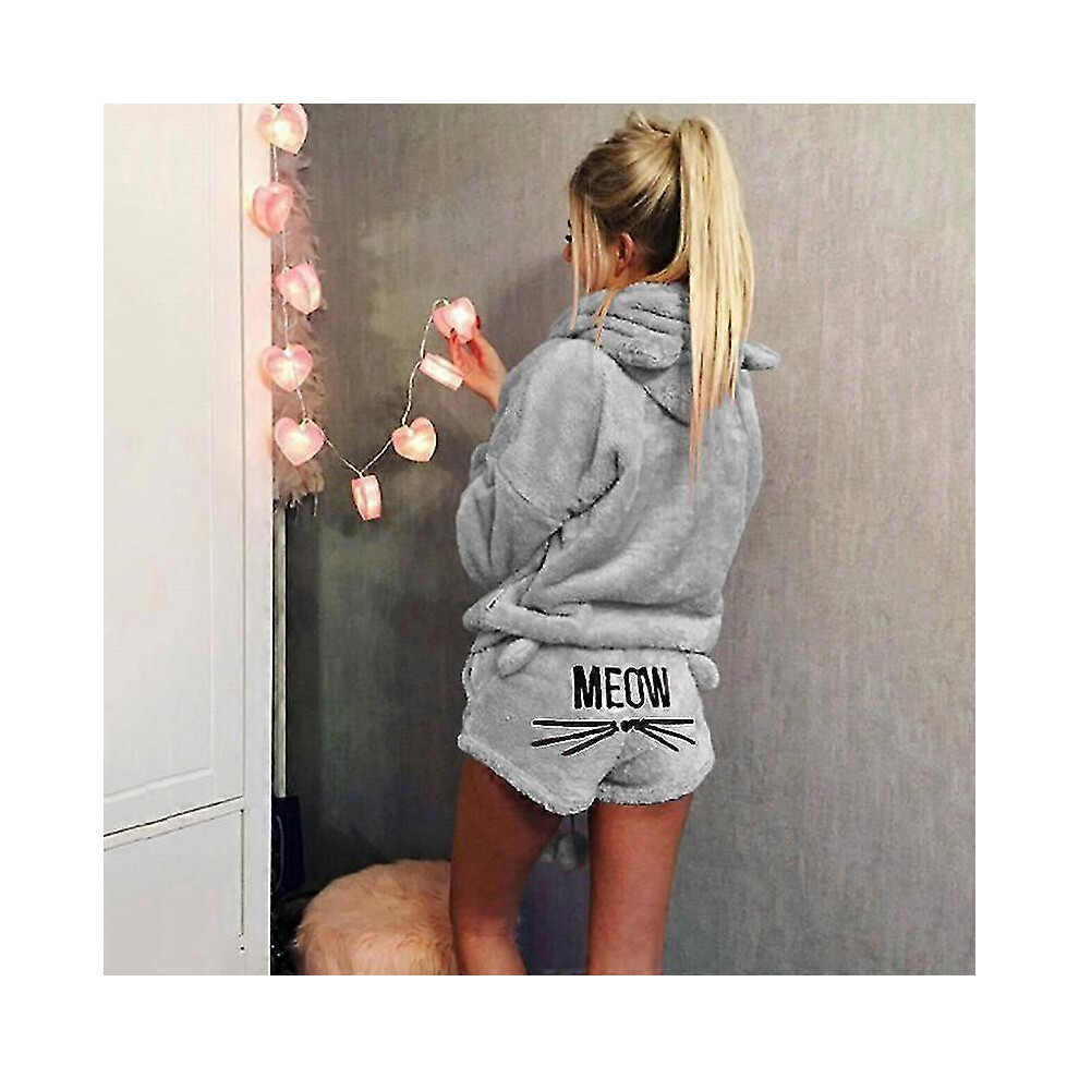 (S, Grey) Womens Winters Top Pants Set 2pcs Ladies Loungewear Fluffy Hooded Cat Outwear Plus Size
