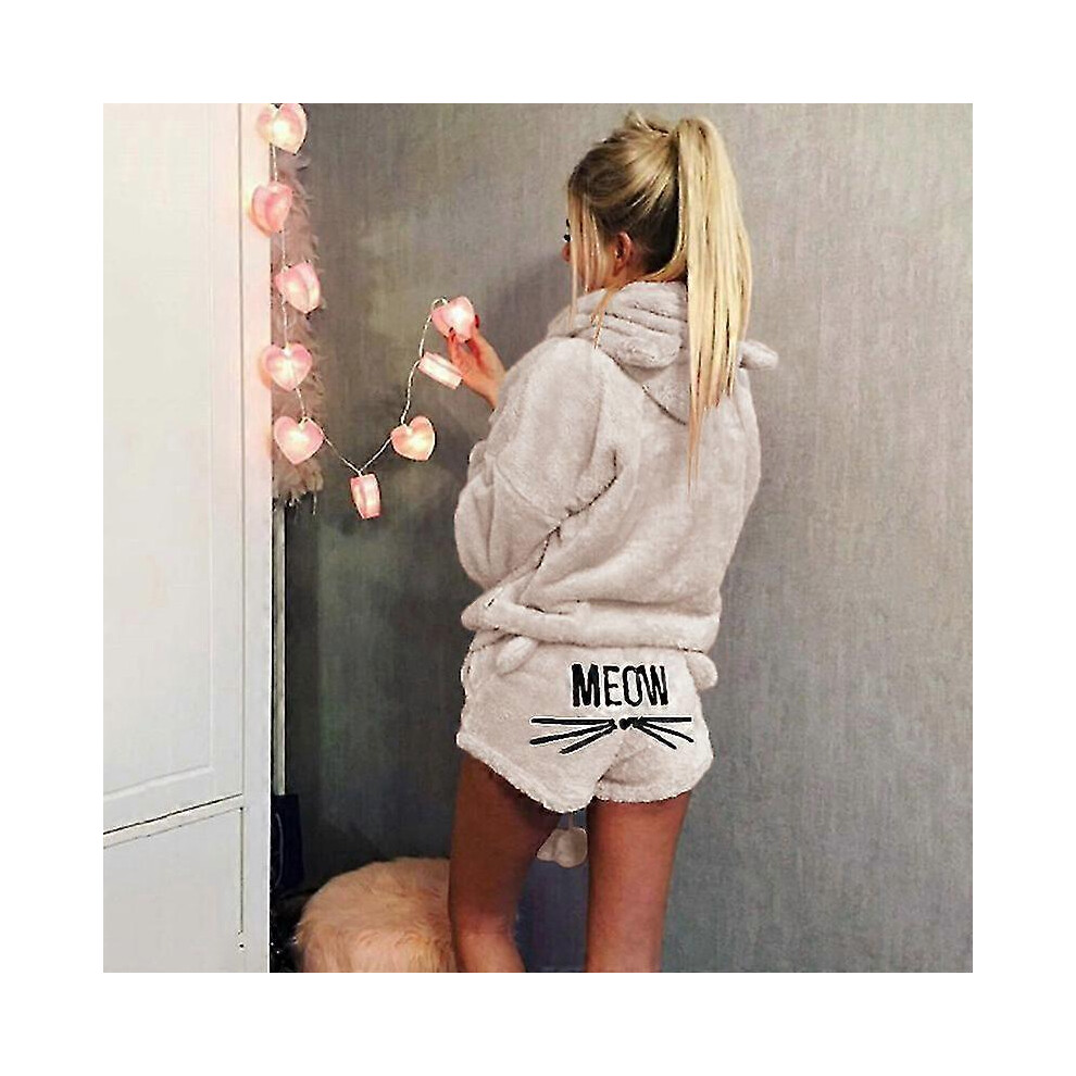 (M, Apricot) Womens Winters Top Pants Set 2pcs Ladies Loungewear Fluffy Hooded Cat Outwear Plus Size