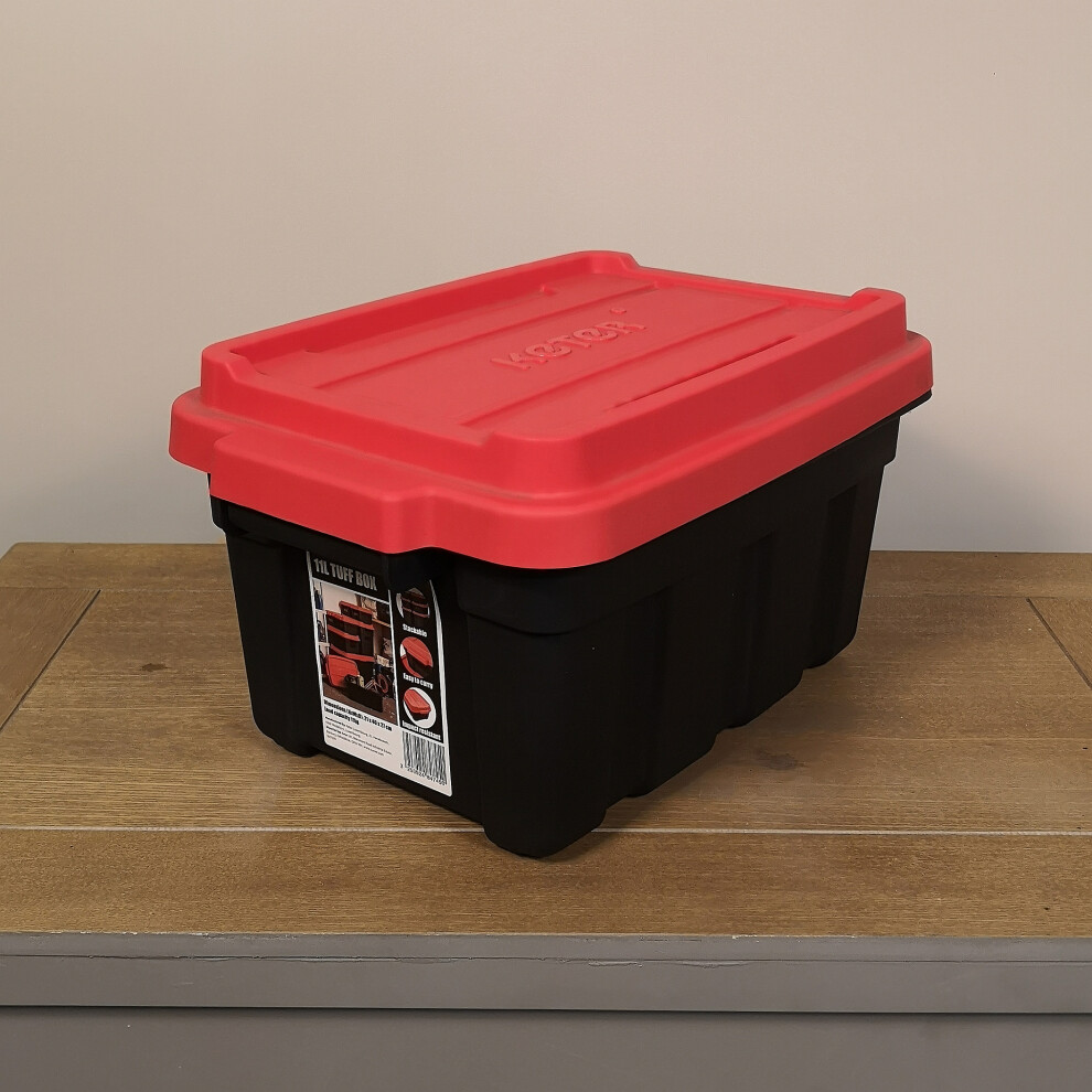 11L Black and Red Small Keter Tuff Stackable Storage Box with Lid and Carry Handles
