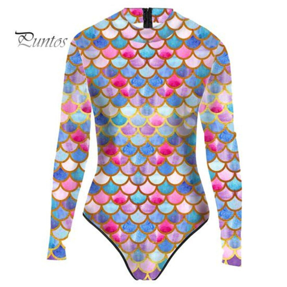 (4XL, pink,blue) Women Monokini Long Sleeve 3D Fish Scale Print Back Zipper Elastic Fabric One-piece Bikini Carnival Costume