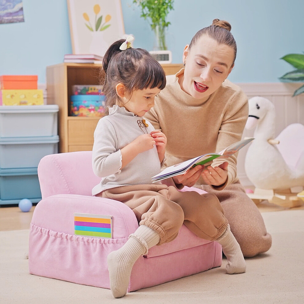HOMCOM 2 In 1 Kids Armchair Sofa Bed Fold Out Padded Wood Frame Bedroom Pink