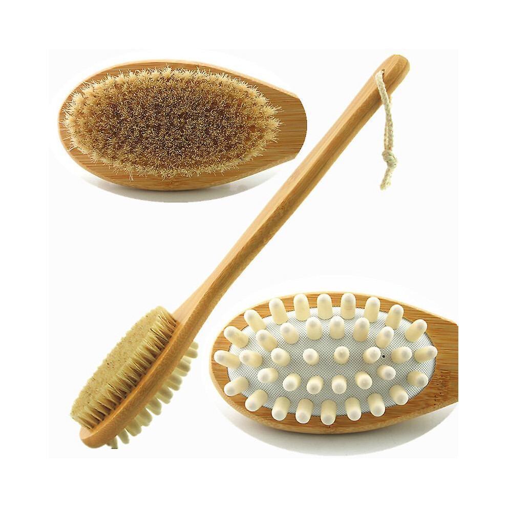 Fong Sxbd Bamboo Body Brush for Back Scrub - Natural Boar Bristle Shower Brush Scrubber with Long Handle - Exfoliate