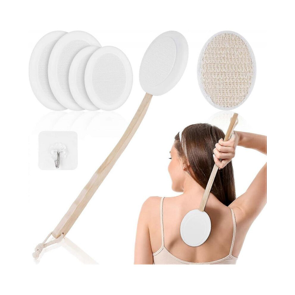 Back Cream Applicator, Back and Body Lotion Applicator with 4 Replaceable Brush Heads and 1 Hook, Long Handle Bath Brush Shower Massage Brush