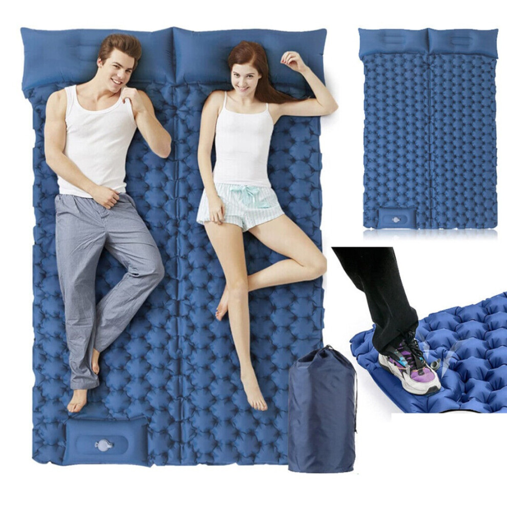 (Blue) Self-inflating sleeping mat Double Camping Sleeping Pad Outdoor Inflatable air mattress With Pillows With The Foot Pump