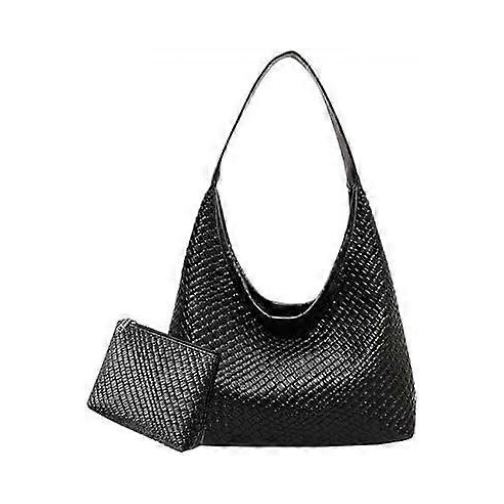 (B01-black) Faux Leather Tote Bag for Women - Woven Leather Handbag, Large Hobo Shoulder Bag, Work Tote with Pouch Purse