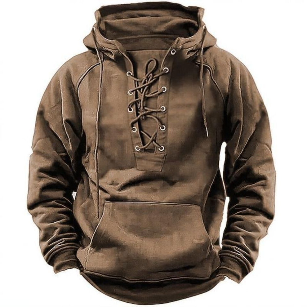 (khaki, XL) Men's Retro Lace-up Hooded Long-sleeve T-shirt - Large Size, Solid Color, Autumn Casual.