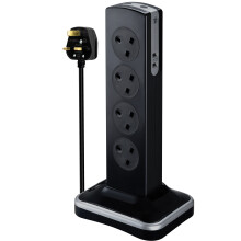 8 SOCKET 2M H05VV-F 3G1,25 SWITCHED TOWER SURGE EXTENSION LEAD + USB (2 PORT 3.1A) GLOSS BLACK - MP (UK)
