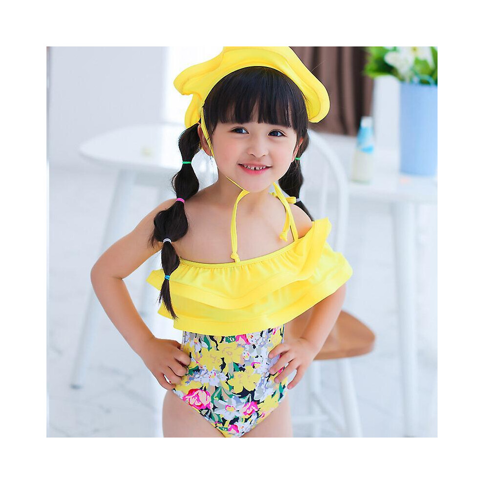 (M) Girls Floral 1-piece Swimsuit with Swimming Cap for Beach Swimming Pool