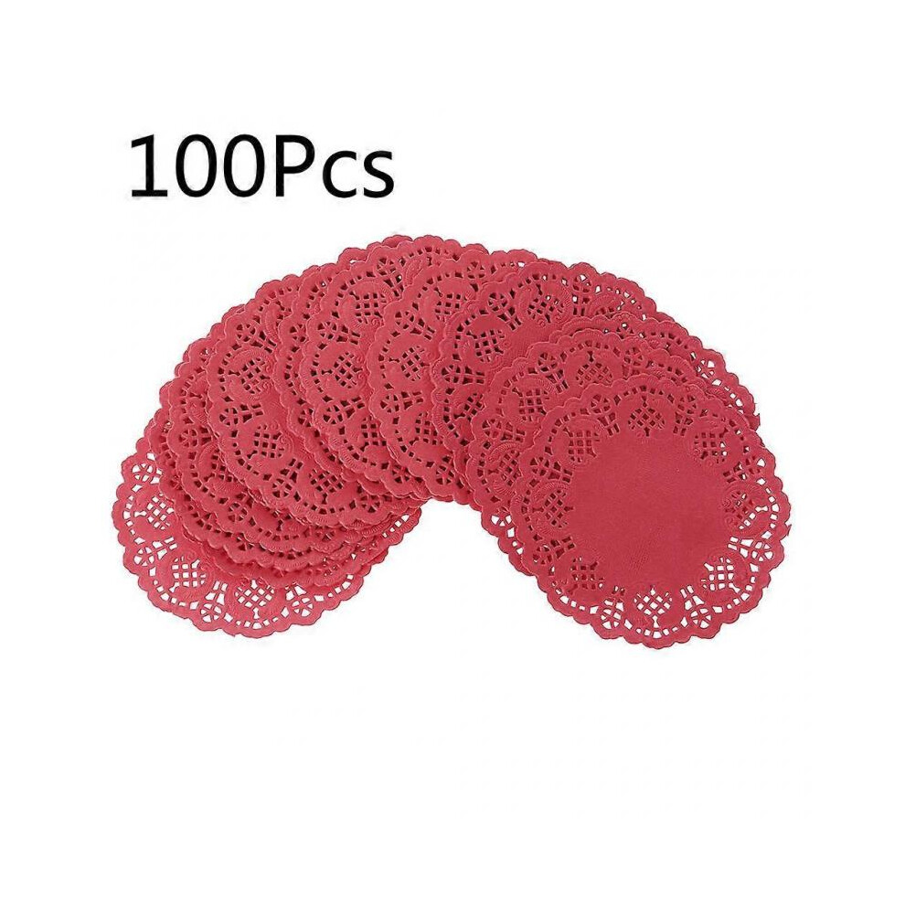 (Red) 100Pcs Round Lace Paper Mats Coasters Placemats Wedding Events Party Table Gift Doilies Vintage Coasters Placemat  Red