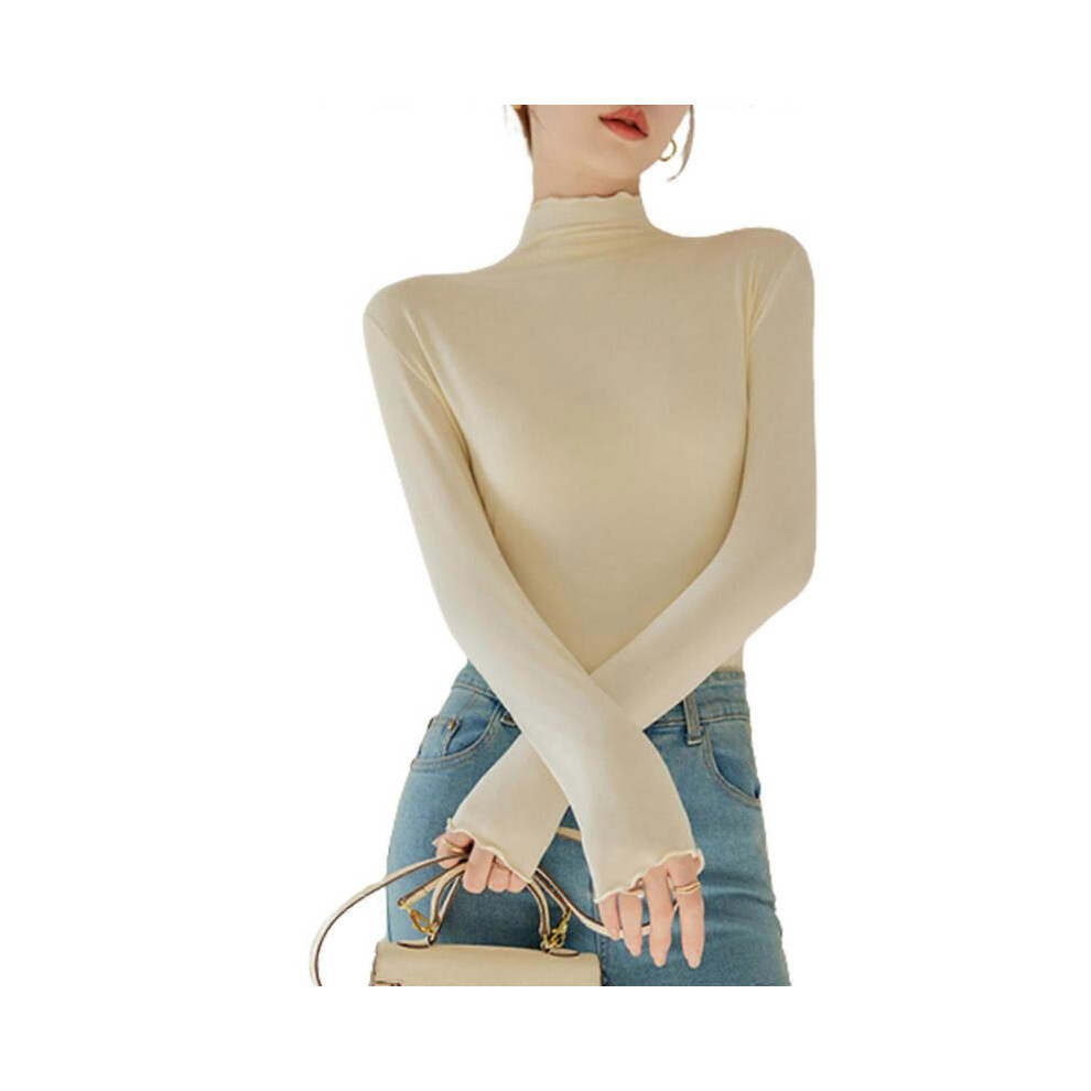 (L, off white) Women Long Sleeve Fashion Pullover Casual Lightweight Basic Tops Mock Turtleneck T-Shirt Slim Elegant Autumn Streetwear  Yellow green XL