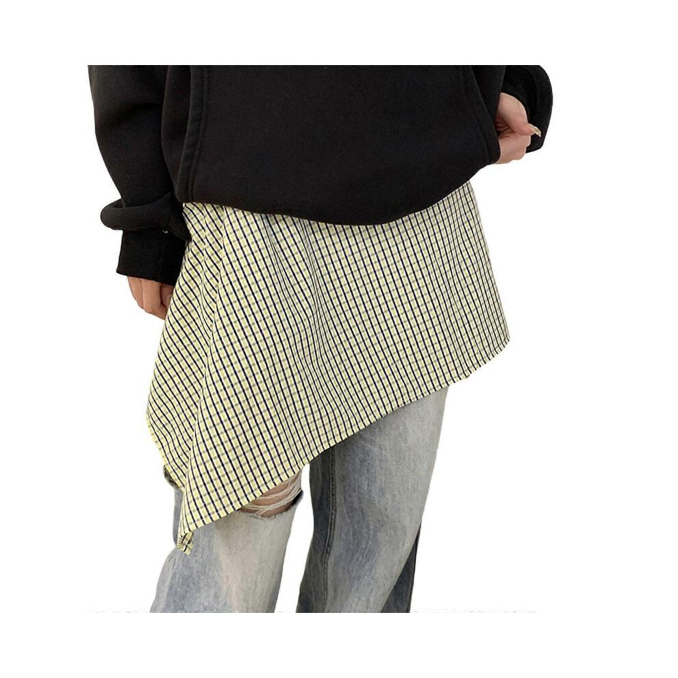 (Yellow and blue plai) Women Checkered Layering Wrap Skirt A Line Detachable Underskirt Tie Up Asymmetrical Hip Scarf Shirt Extender Streetwear  Blue and green plaid