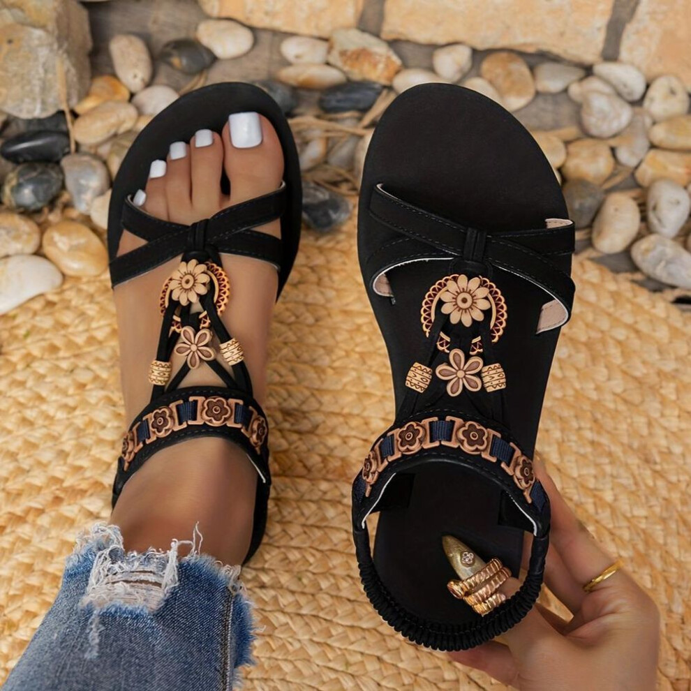 (black, 36) Bohemian Flat Bottomed Women's Sandals, Round Headed Beaded Flower Beach Shoes, Summer Fashionable Breathable Casual Women's Sandals
