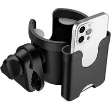 Stroller cup holder with phone holder, bottle organiser and storage box for drinks and coffee