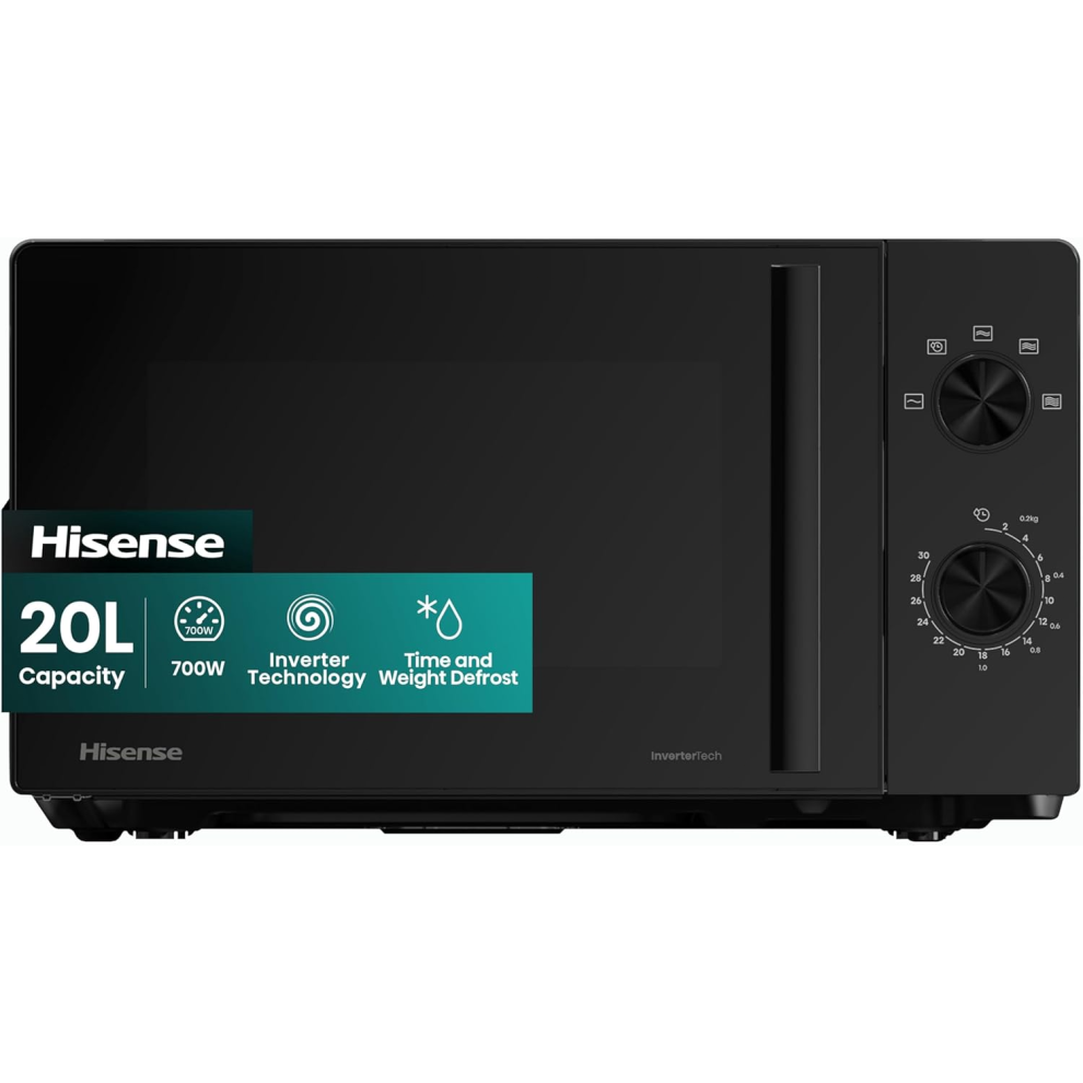 Hisense 700 Watts 20 Litre Inverter Microwave Oven H20MOBP1HIUK Black, Automatic Defrost, 5 power levels, Easy Clean, H